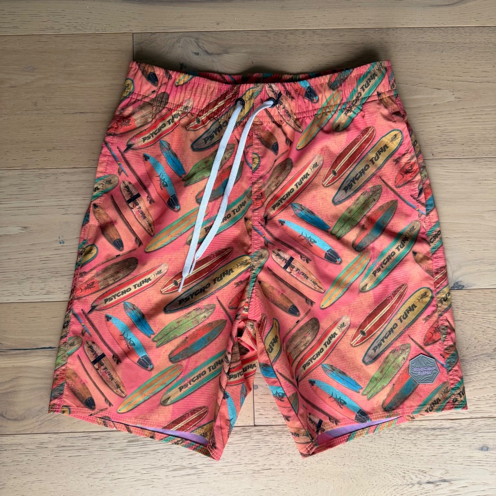 Psycho Tuna Boys Surfboard Print Swim Trunks Coral Pink Size L 14-16